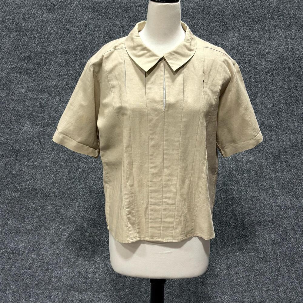 Vintage Chaus Blouse Womens 14 Beige Linen Cotton Collared Short Sleeve Top 90s